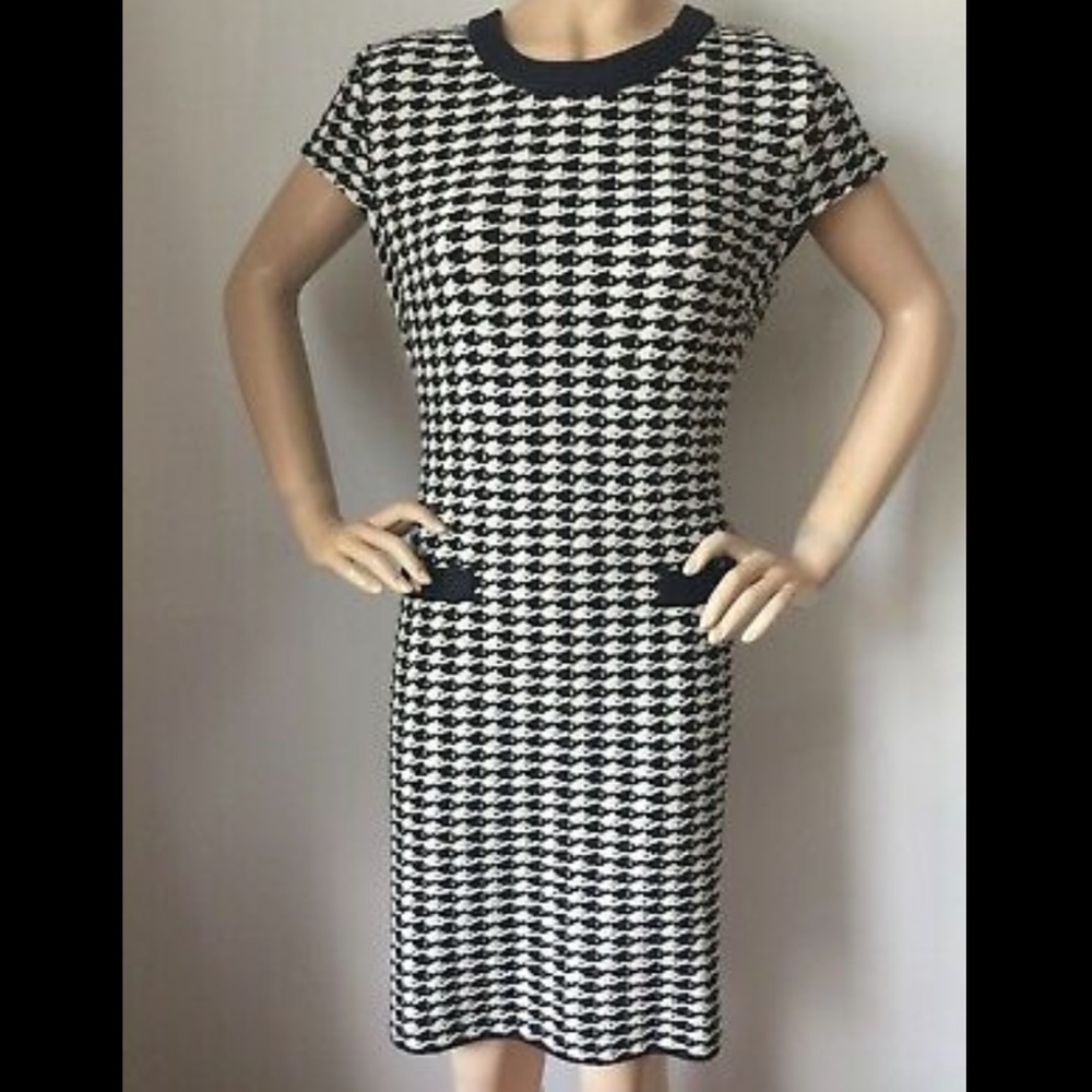 St. John Black & White Checked Rayon Wool Knit Dress